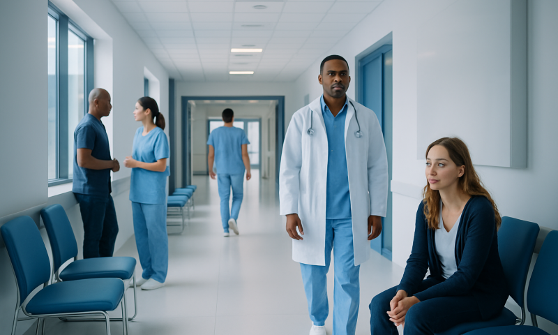 Medical professionals and patient in a hospital corridor at Acibadem Hospitals Group.