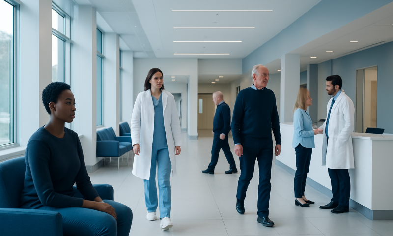 Diverse group of medical professionals and patients in hospital lobby.