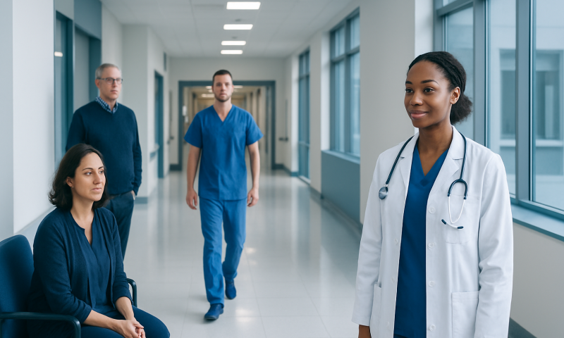 Healthcare professionals in a hospital corridor with a doctor smiling.