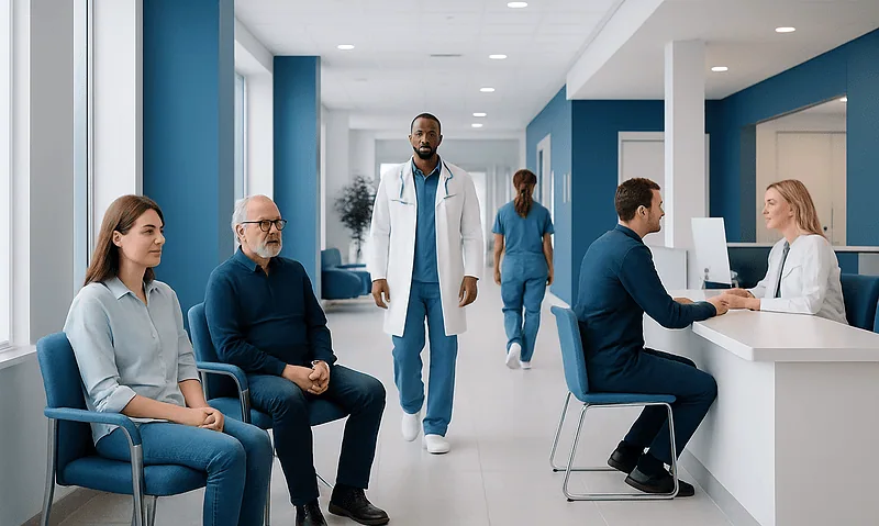 Patients waiting in a modern hospital corridor with medical staff nearby.