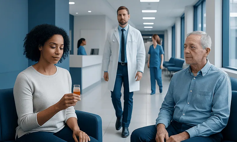 Patient holding a glass of orange juice in a hospital waiting area.