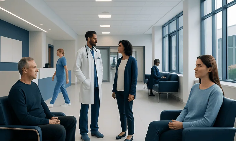 Medical consultation in a modern hospital waiting area with doctors and patients.
