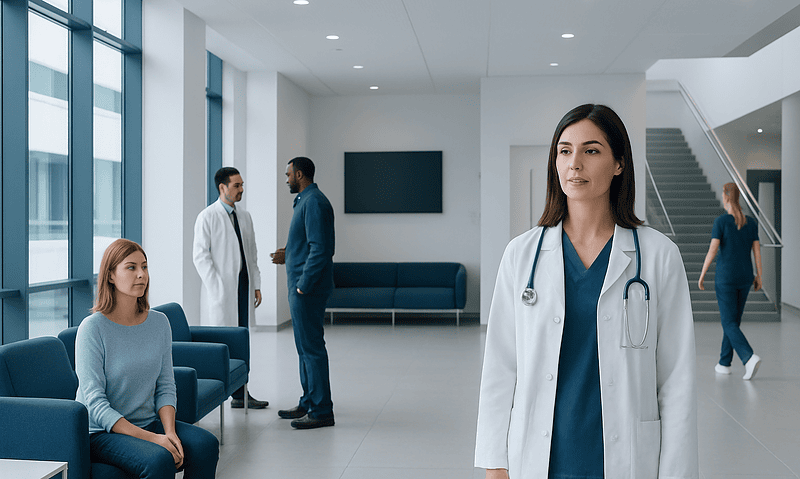 Medical professionals and patient in a modern hospital waiting area.