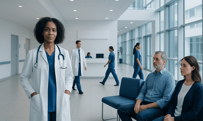 Healthcare professionals and patients in a modern hospital lobby.