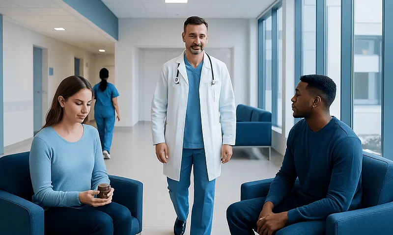 Doctor consulting with two patients in a modern hospital waiting area.