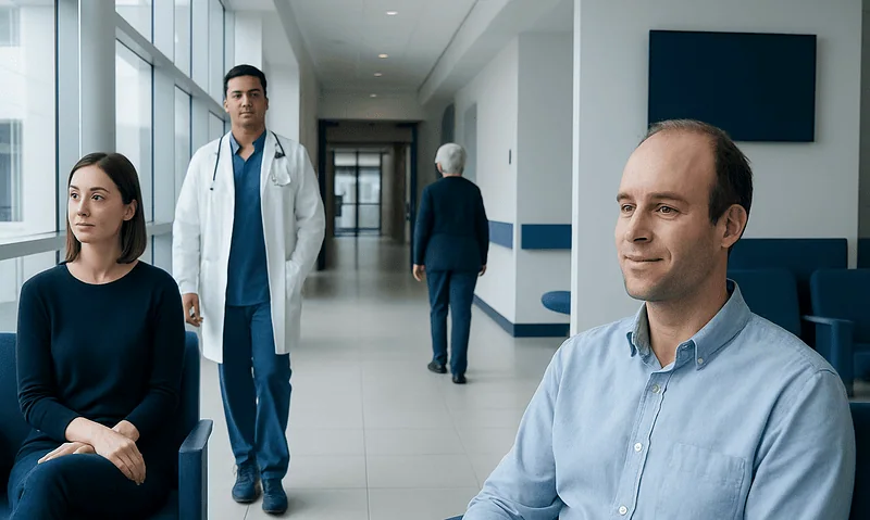 Patients waiting in a modern hospital corridor with medical staff nearby.
