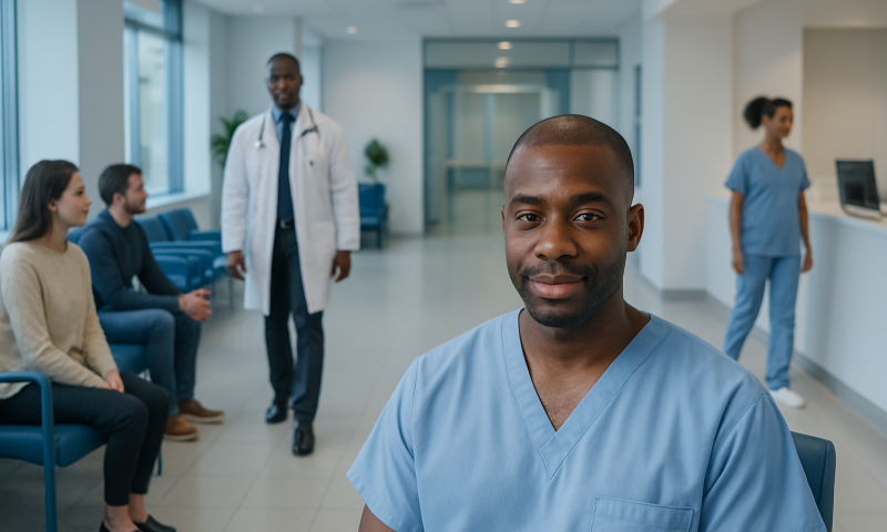 African American man in medical scrubs at hospital reception area.