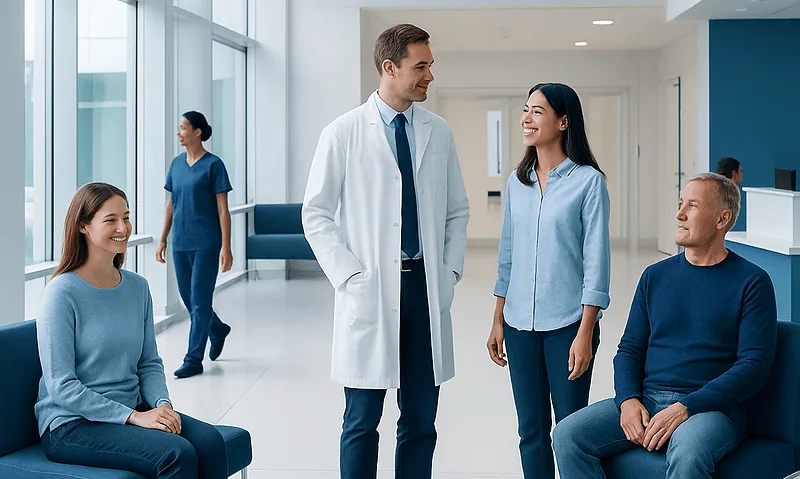 Medical staff and patients in a modern hospital waiting area.