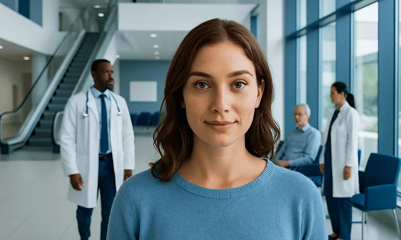 Young woman with hazel eyes in a hospital waiting area.