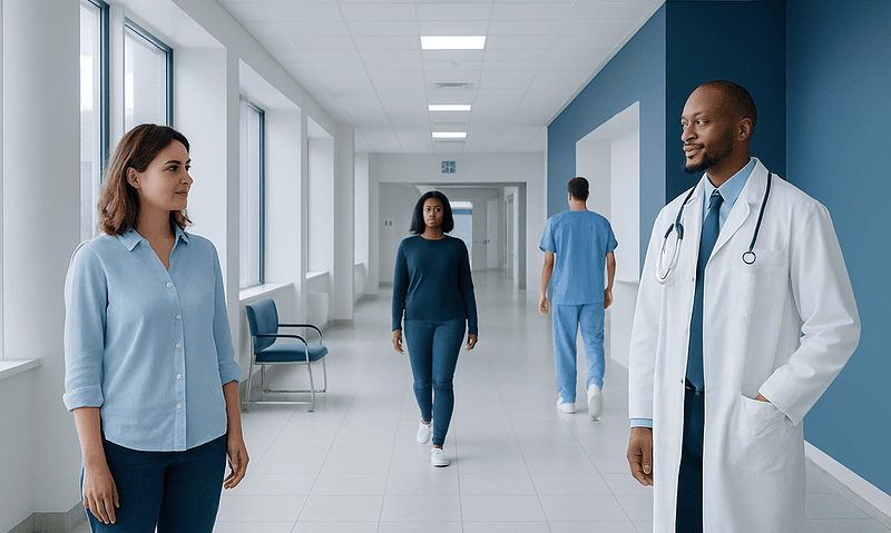 Healthcare professionals and patient in a hospital corridor at Acibadem Hospitals Group.