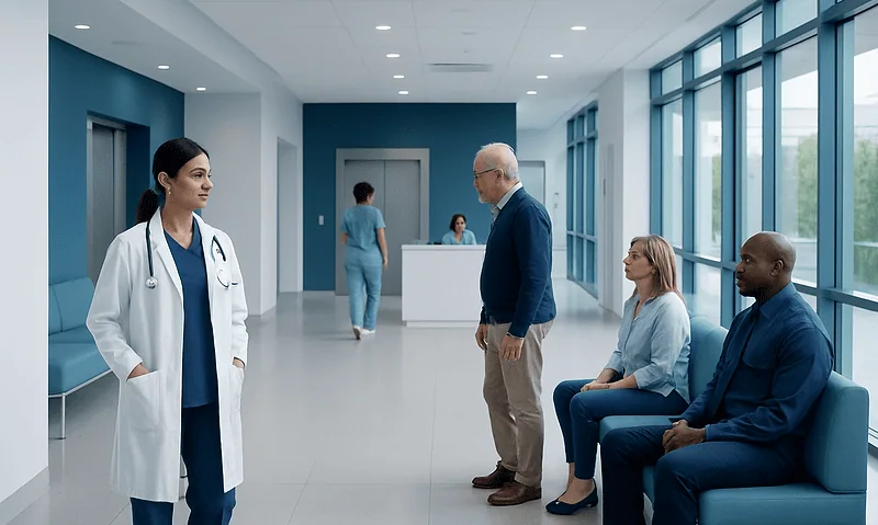 Healthcare professionals and patients in a modern hospital corridor.