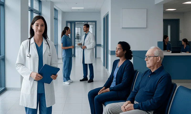 Healthcare professionals and patients in a modern hospital corridor.