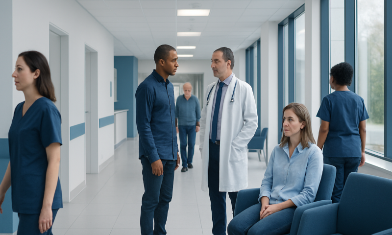 Medical team consulting in hospital corridor with patients and staff.