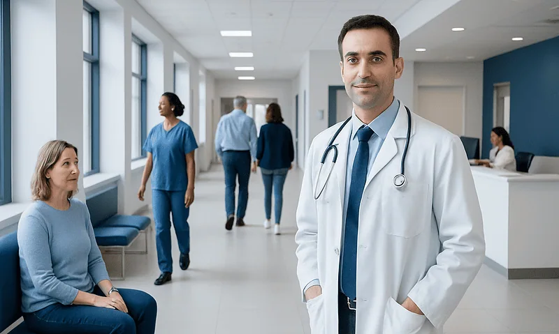 Doctor in hospital corridor with patients and staff.