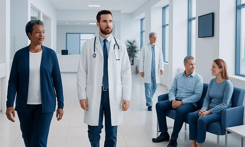 Medical team in hospital corridor with patients and staff.