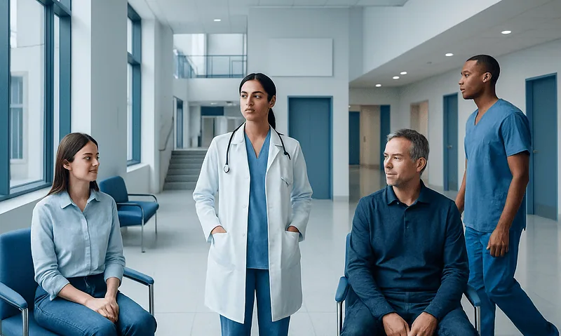 Medical consultation in hospital with doctor and patients in waiting area.