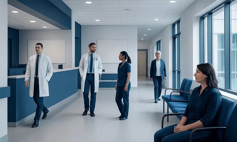 Medical staff and patient in hospital corridor at Acibadem Hospitals Group.