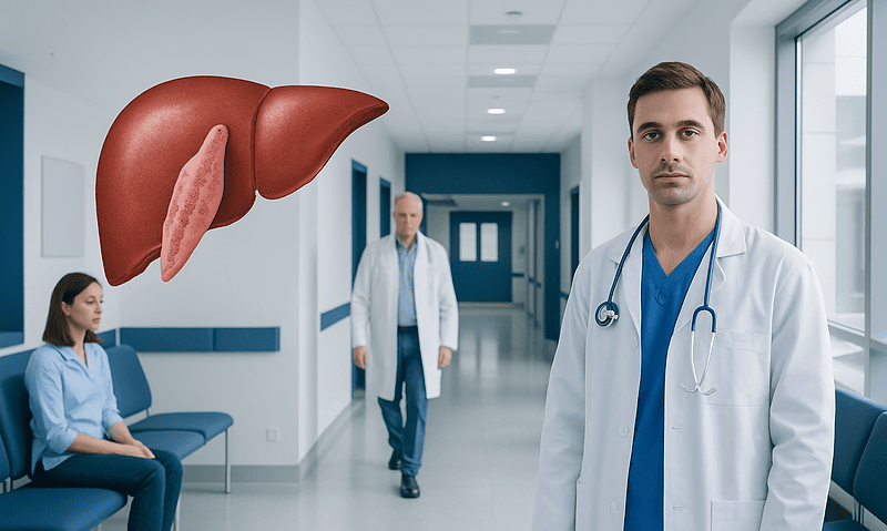 Medical professionals in a hospital corridor with a liver illustration.