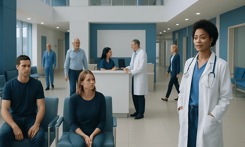 Patients waiting in a hospital lobby with medical staff and doctors present.
