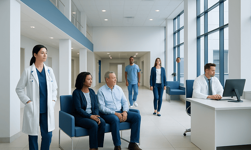 Modern hospital waiting area with patients and medical staff.