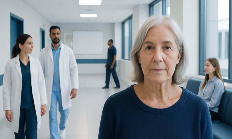 Senior woman with marionette lines in a hospital corridor.