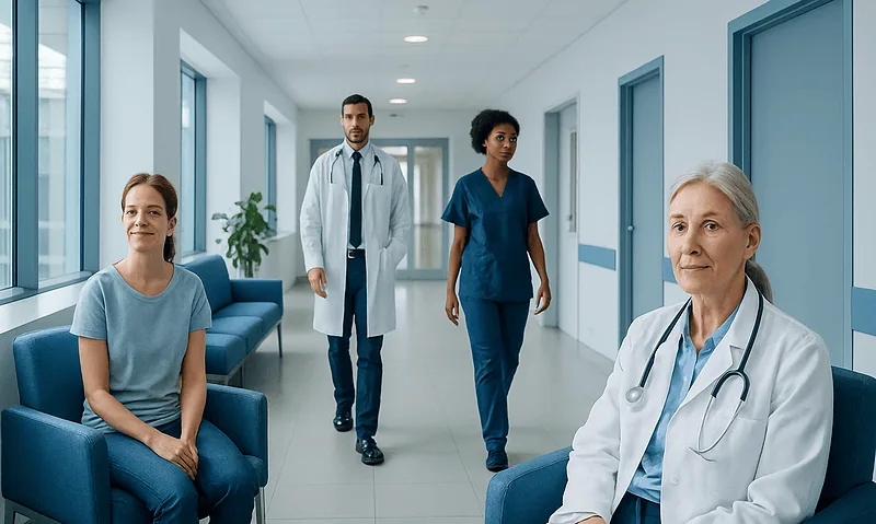Medical team in hospital corridor with doctors and nurse.