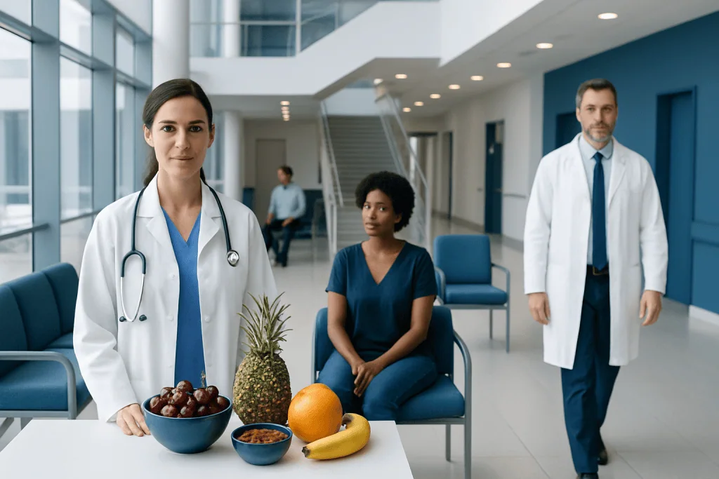 Melatonin Rich Foods: What the Clinical Research Actually Says 1 Medical professionals with fruits in a hospital lobby for health promotion.