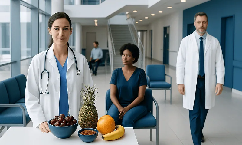 Medical professionals with fruits in a hospital lobby for health promotion.
