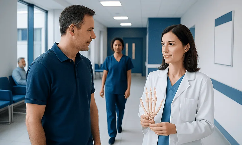 Doctor explaining hand anatomy to a patient in a hospital corridor.