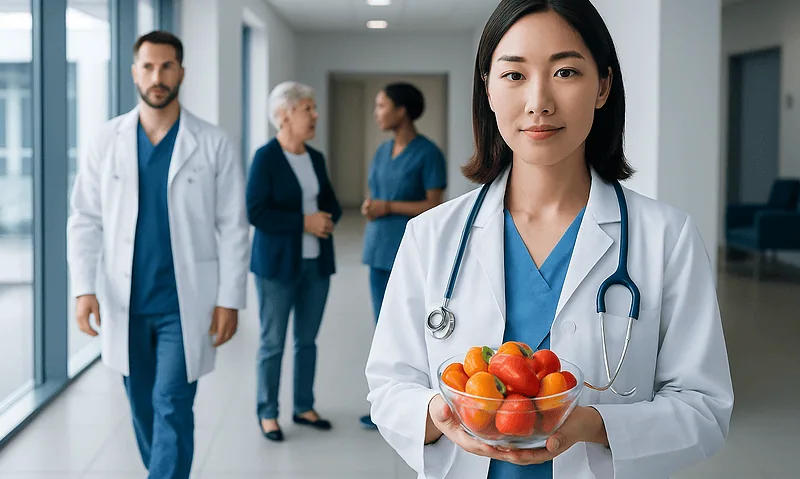 Healthcare professional holding a bowl of fresh tomatoes in hospital corridor.