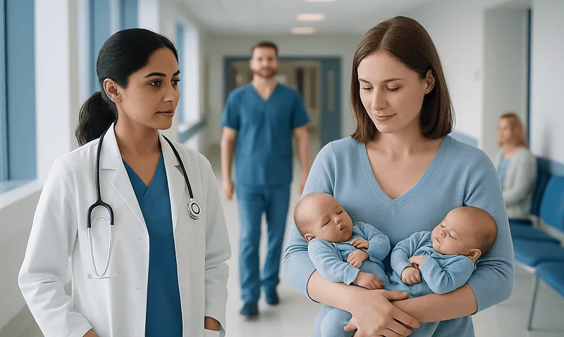 Mother holding twin babies in hospital corridor with medical staff nearby.