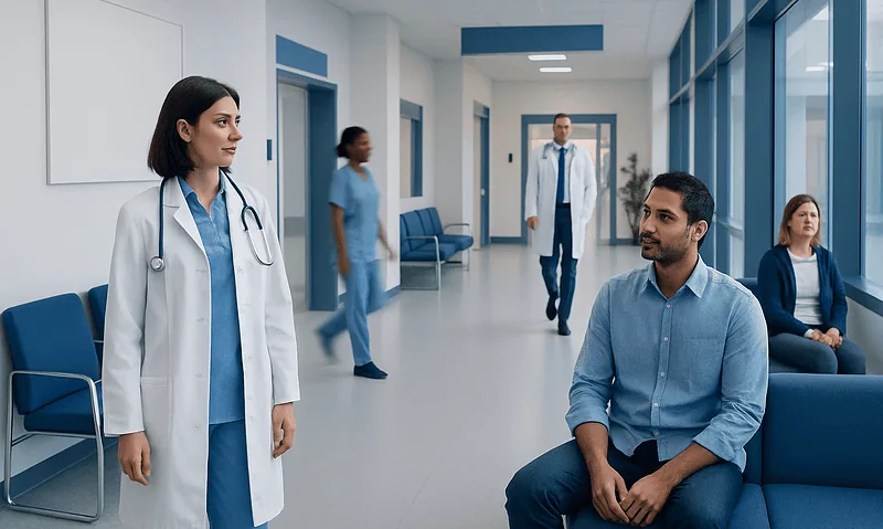 Medical consultation in a modern hospital corridor with doctors and patients.