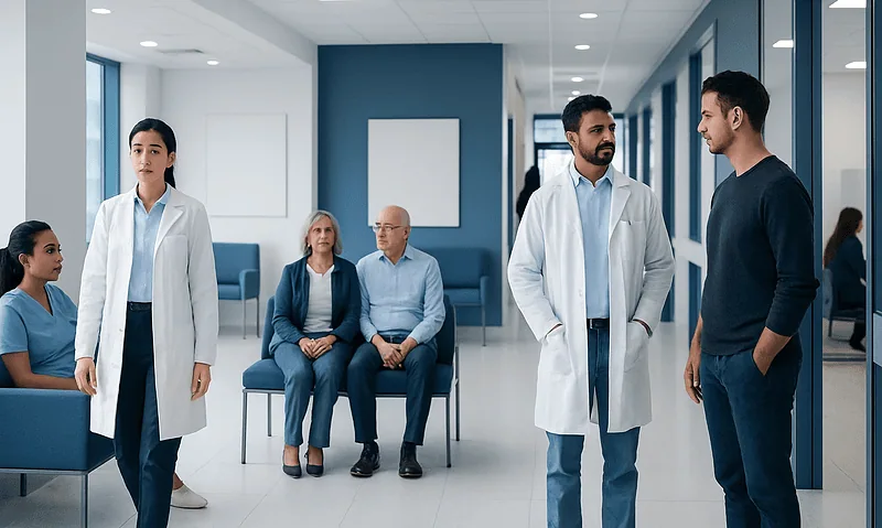 Medical professionals and patients in a hospital waiting area.