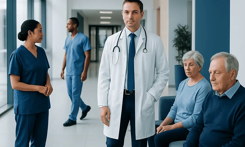 Medical team consulting elderly patients in hospital corridor.