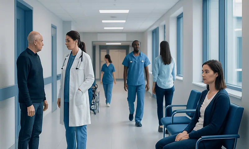 Medical staff and patient in hospital corridor at Acibadem Hospitals Group.