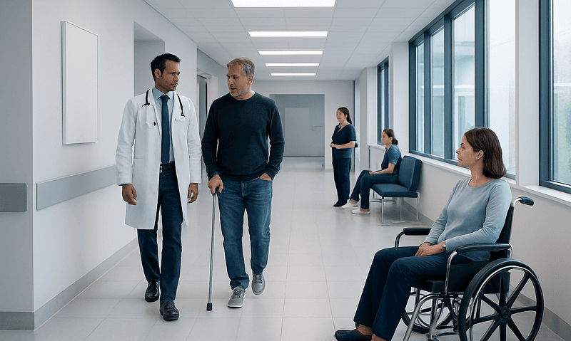 Doctor and patient talking in hospital corridor with waiting patients.