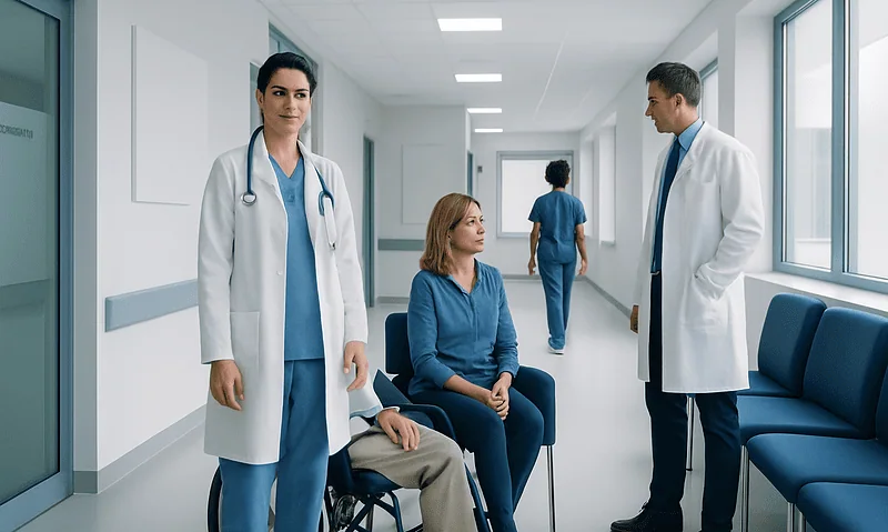 Neuromuscular Disorders: Symptoms, Causes, and Treatment Options 3 Medical consultation in hospital corridor with doctors and patient.