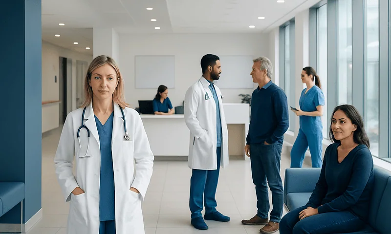 Medical team in hospital lobby with doctors and patients.