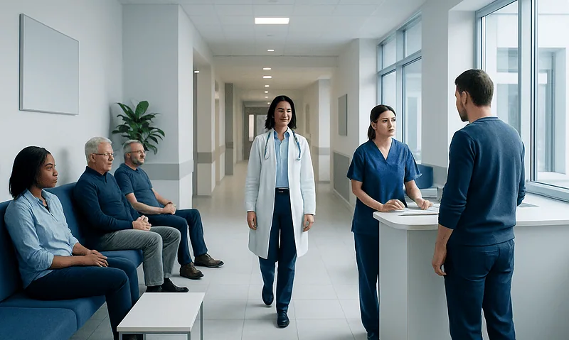 Medical staff consulting patients in a hospital corridor.