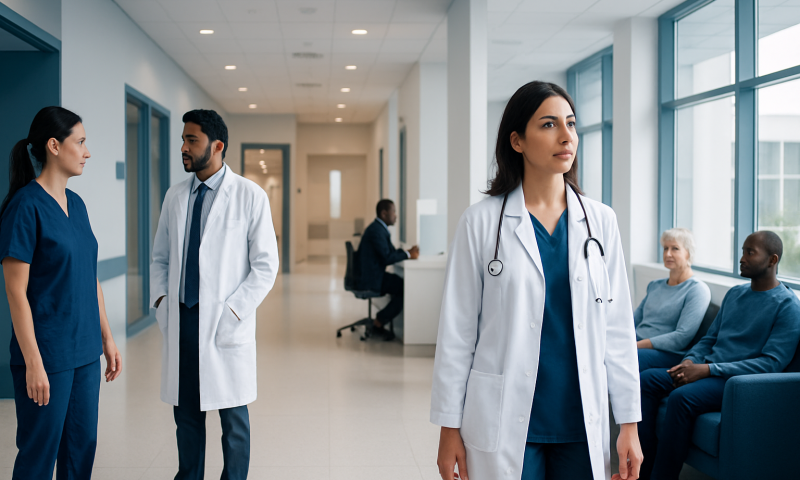 Medical professionals and patients in a modern hospital corridor.
