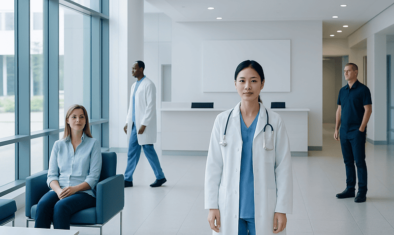 Medical team at Acibadem Hospital in a modern, well-lit lobby.