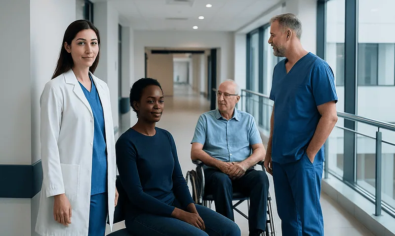 Medical team consulting with a patient in a hospital corridor.