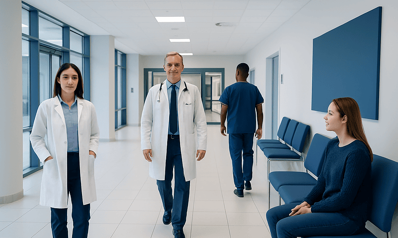 Medical team in hospital corridor with patient waiting area.
