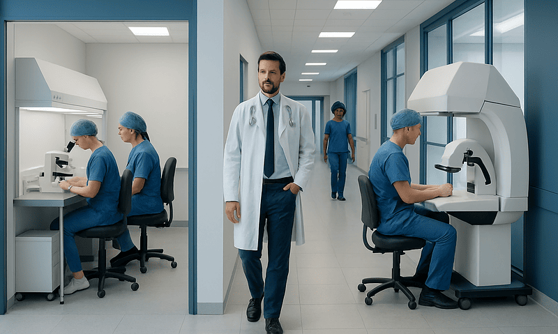 Medical professionals working in a modern IVF laboratory with advanced equipment.