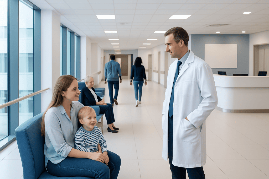 Pacifier Teeth: What Patients Need to Know 1 Doctor talking to young girl and mother in hospital corridor.
