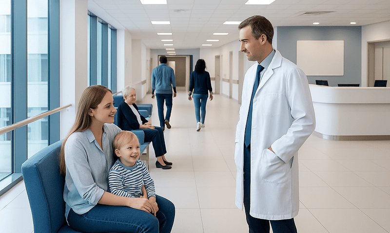 Doctor talking to young girl and mother in hospital corridor.