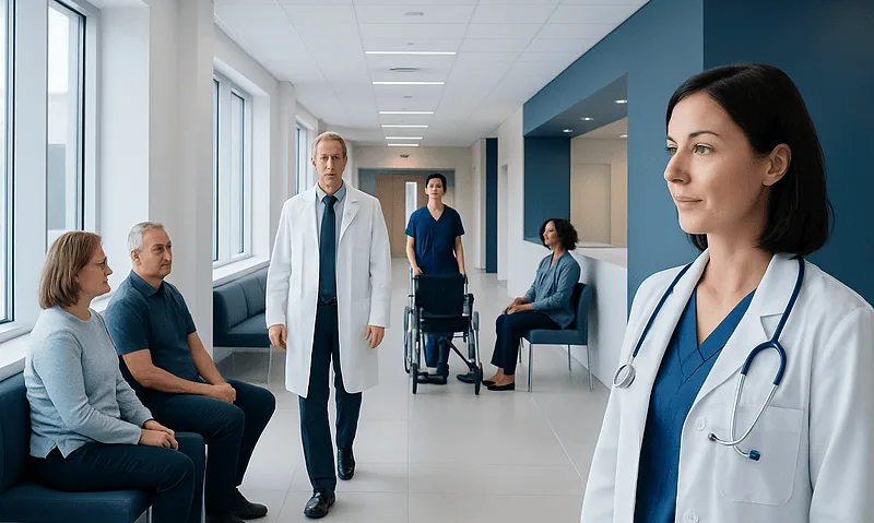Medical consultation in a hospital corridor with doctors and patients.
