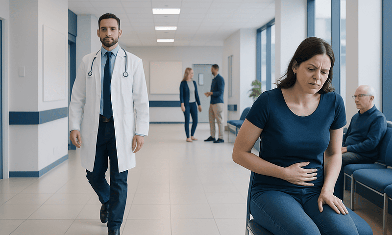 Woman experiencing abdominal pain in a hospital corridor with doctors and patients nearby.