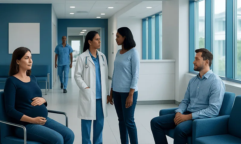 Medical consultation in a modern hospital corridor with patients and healthcare professionals.