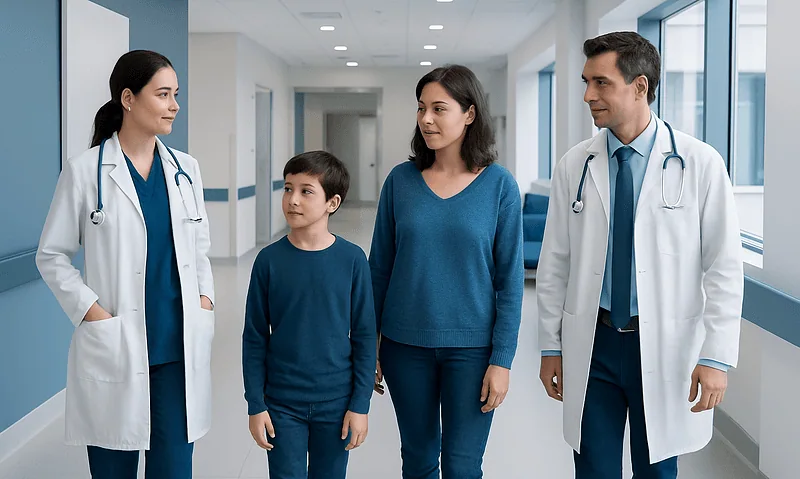 Doctors and a young patient walking in hospital corridor.